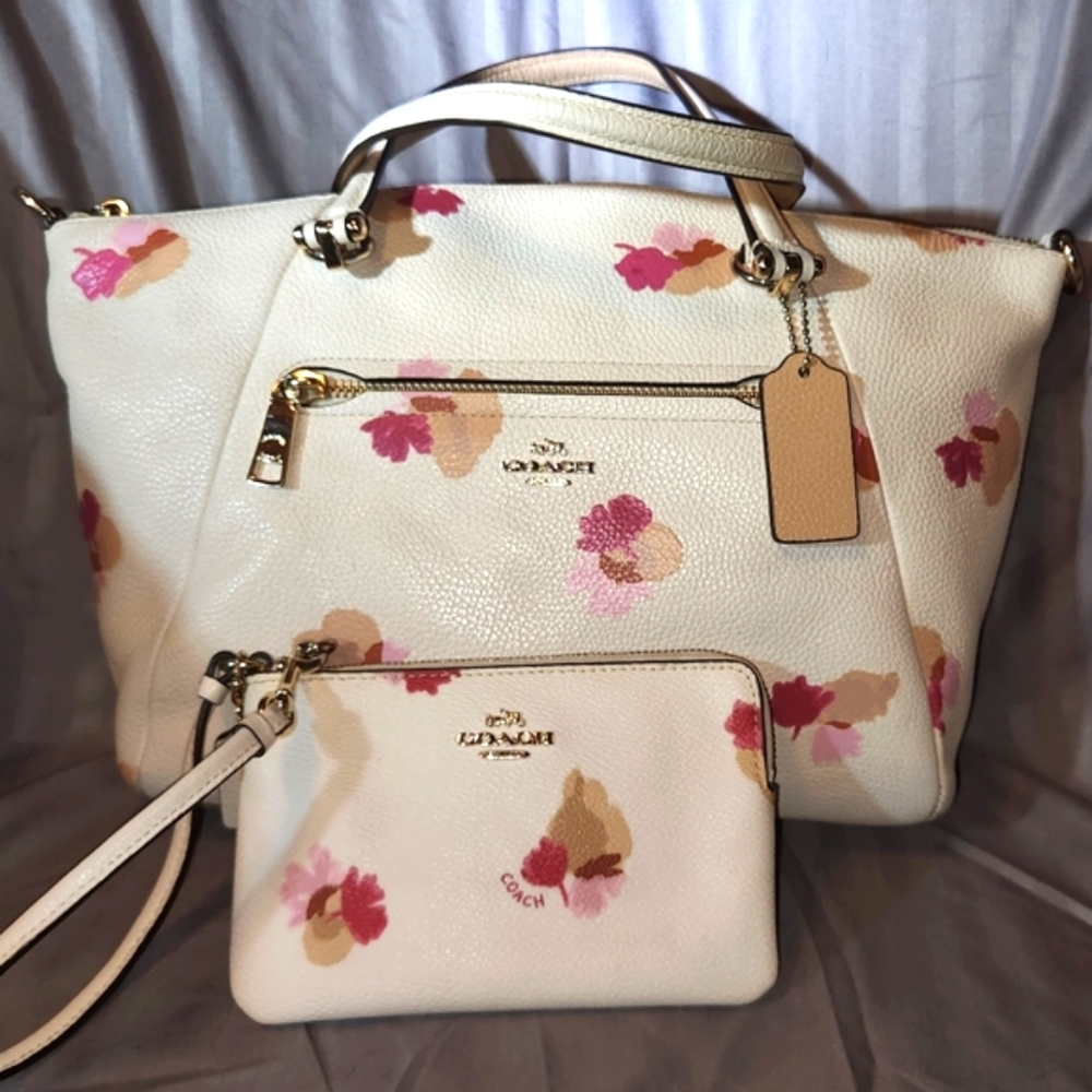 Coach leather handbag purse. Off white, tan and pink
